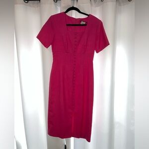 Vintage hot pink midi dress with square neck and covered buttons
